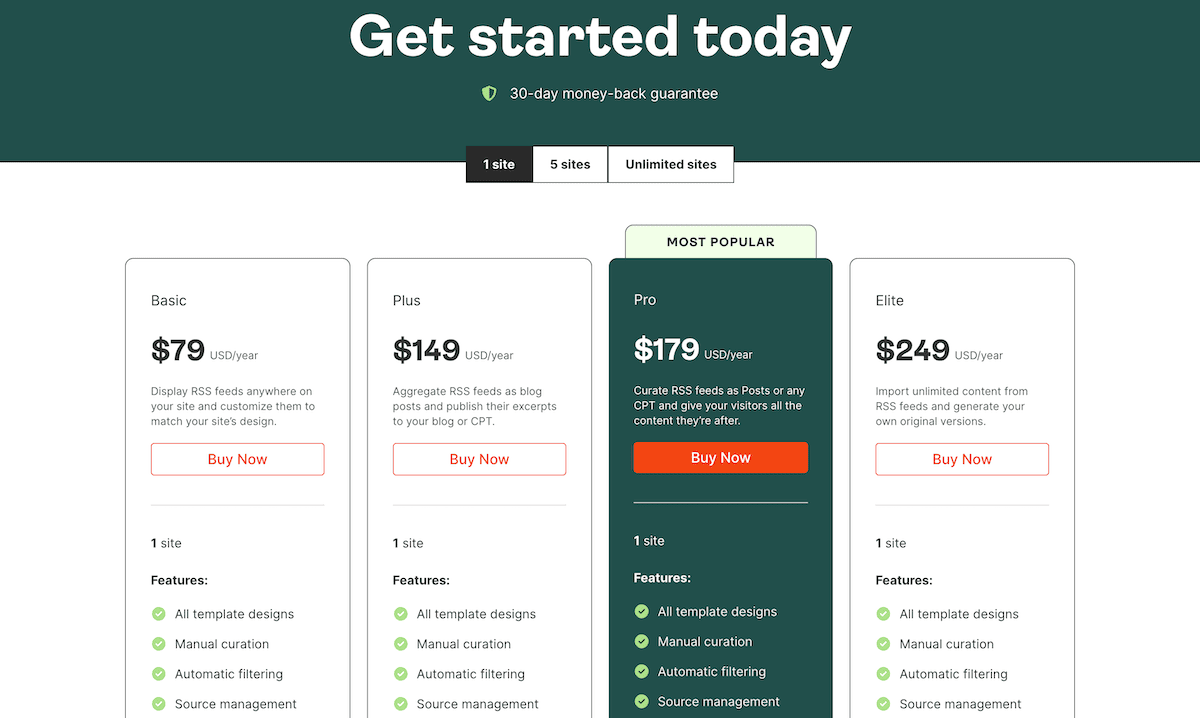 The Aggregator pricing page showing four plan tiers.