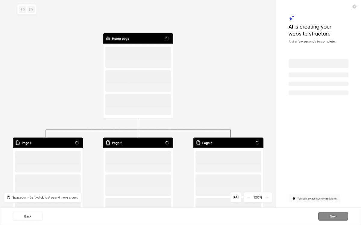 The 10web AI website builder creating a site structure from a prompt.