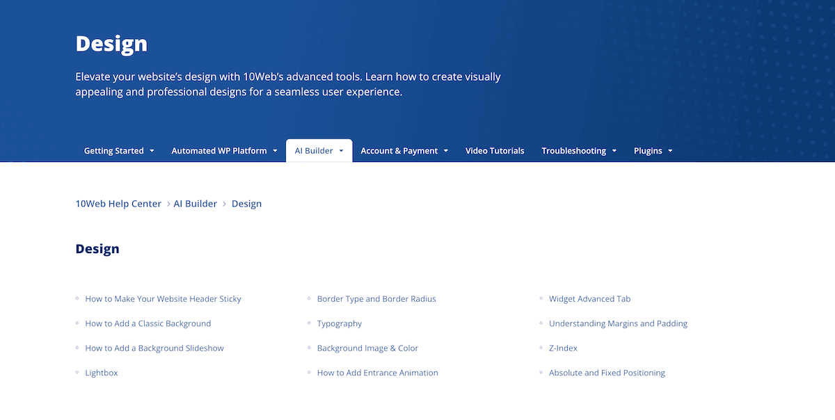 The Design category in the 10web Help Center
