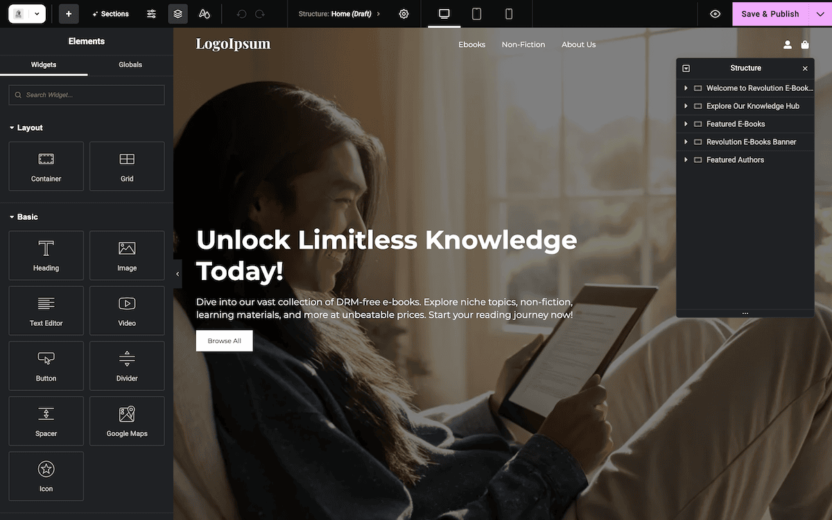 Customizing a site within Elementor.