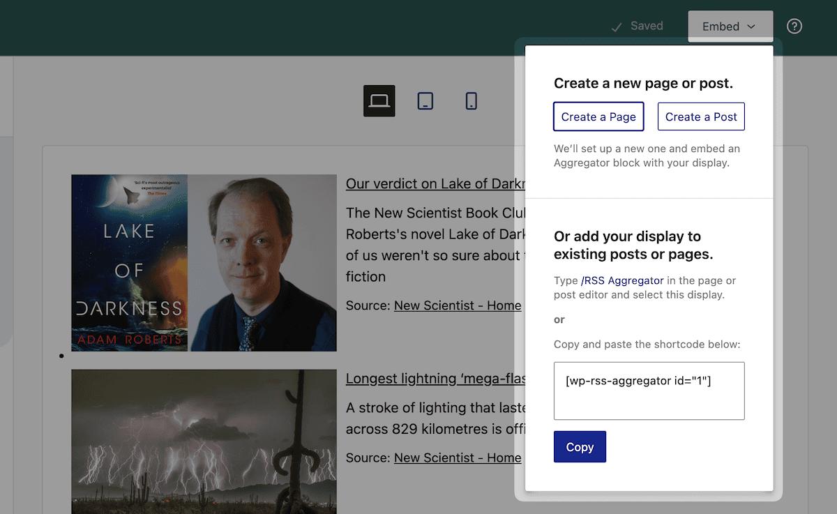 The Aggregator Embed button and menu.