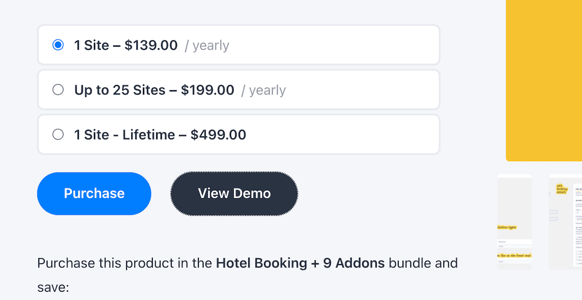 The MotoPress Hotel Booking pricing page showing annual and lifetime options.
