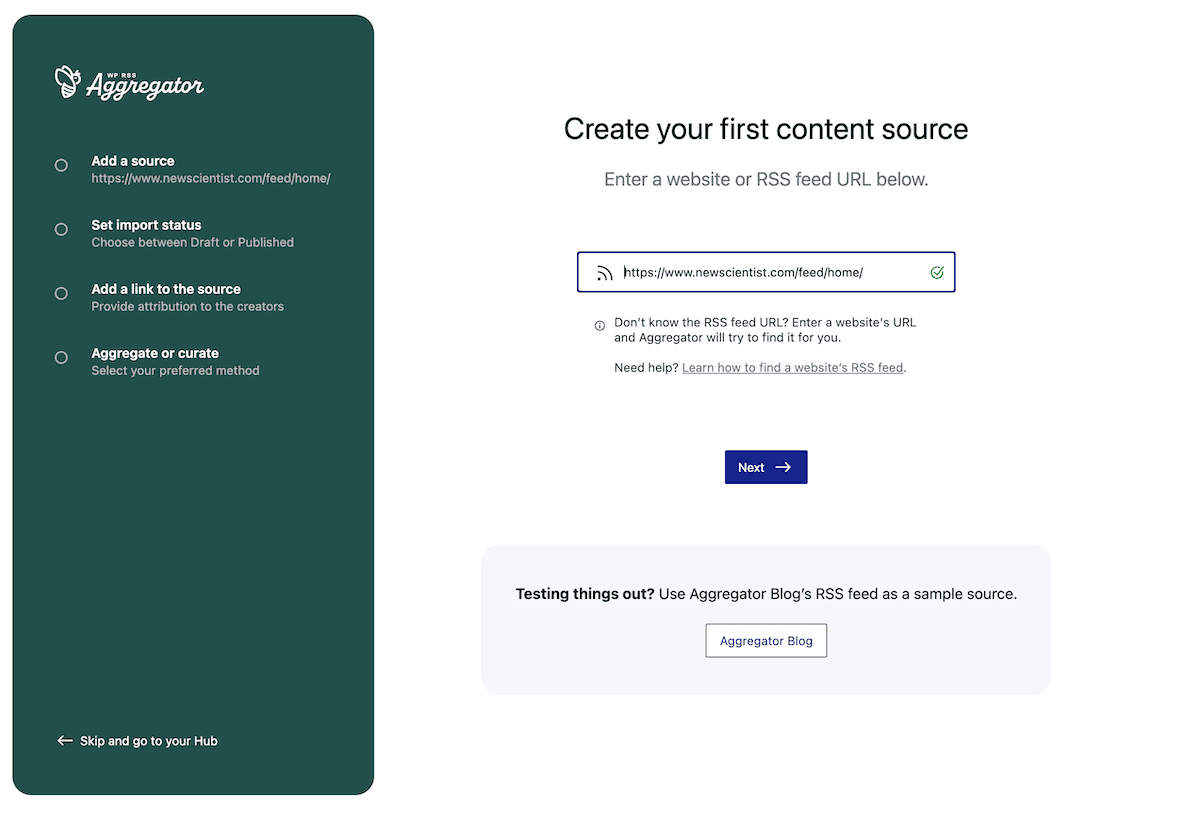 The Aggregator onboarding wizard.