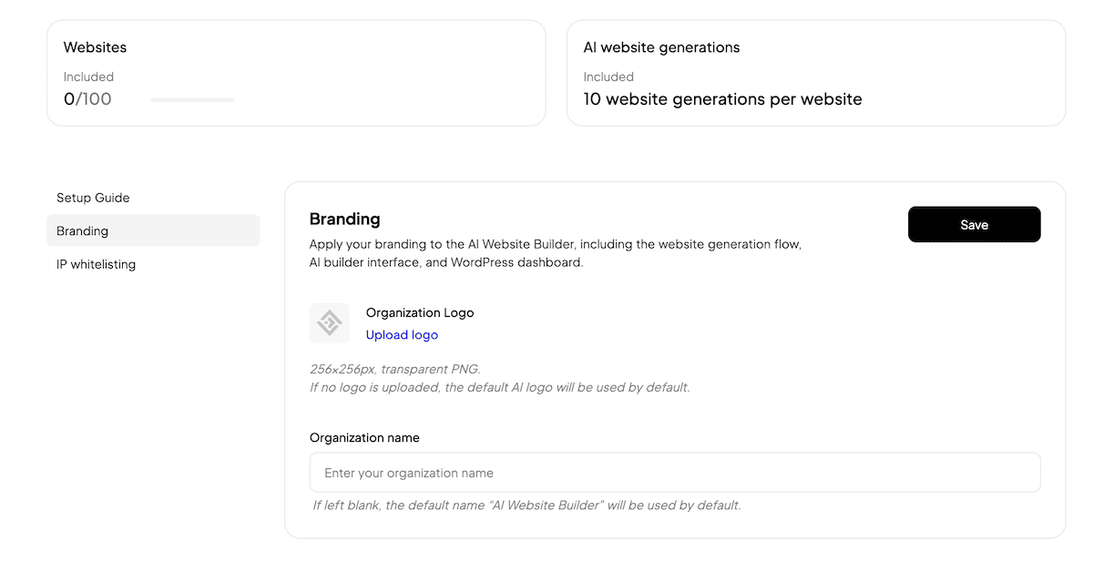 The 10Web partner dashboard showing the initial branding options for a site.