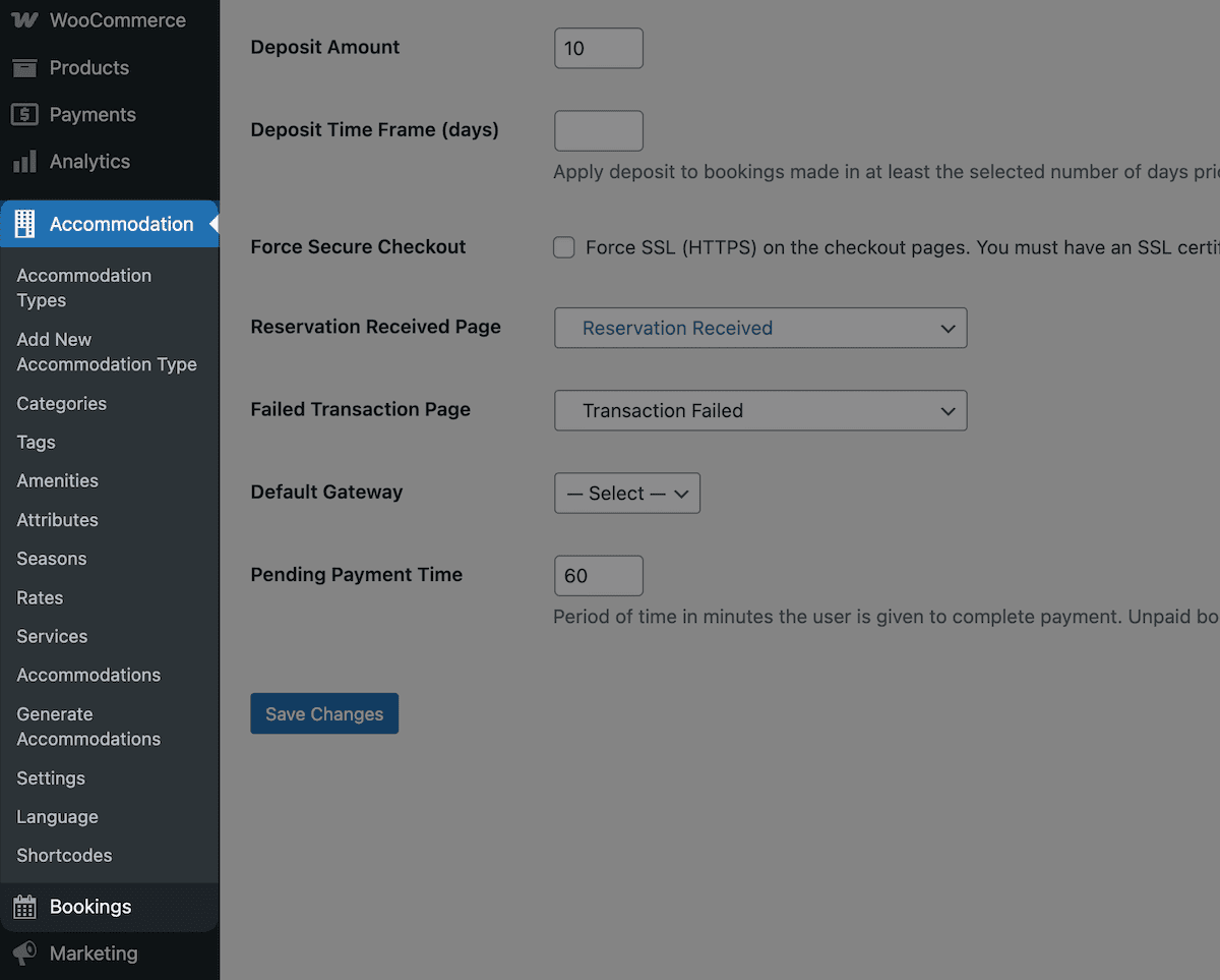 The WordPress admin showing Accommodation and Bookings menus.