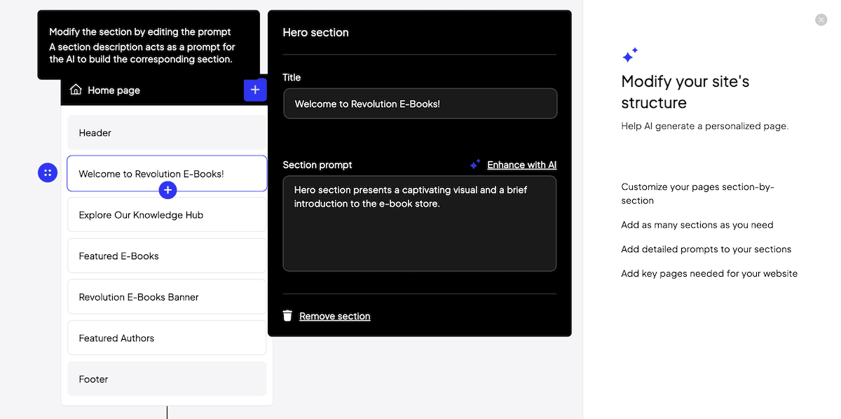 Customizing a section using a prompting interface within the AI Builder.