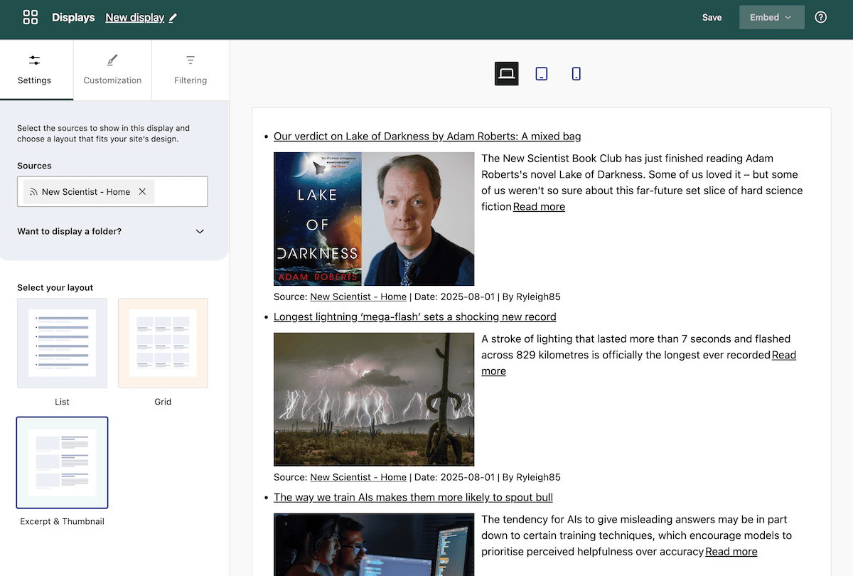 Choosing a Display type for a collection of sources.