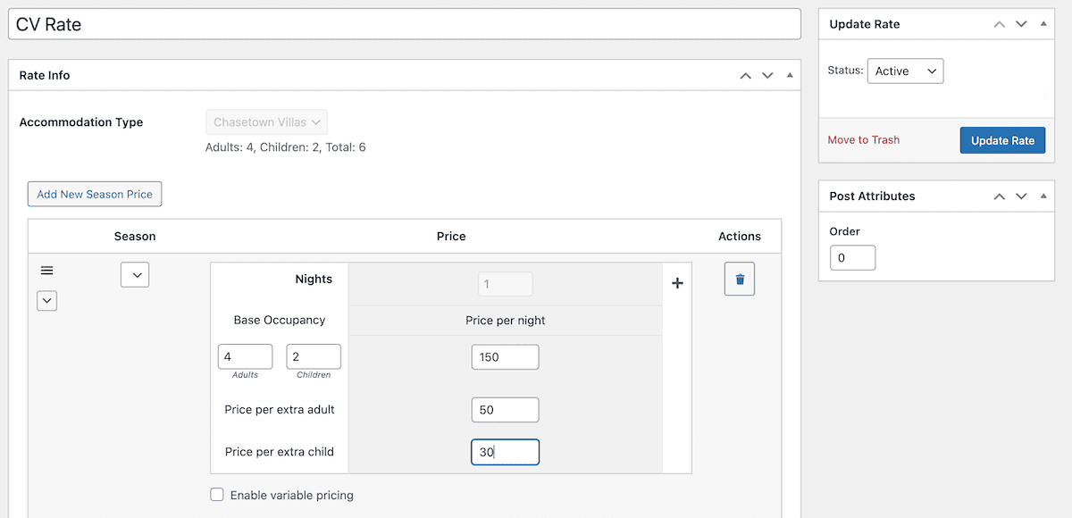 The rate management interface showing seasonal pricing variations.