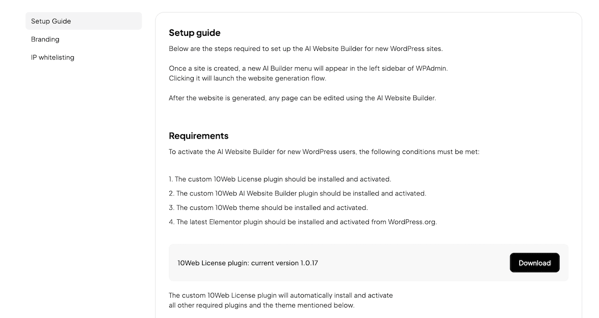The 10web Setup Guide screen.