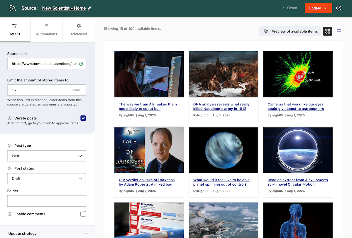 The Source dashboard screen within Aggregator.
