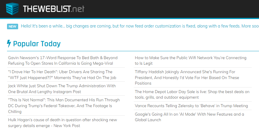TheWebList content aggregator home page