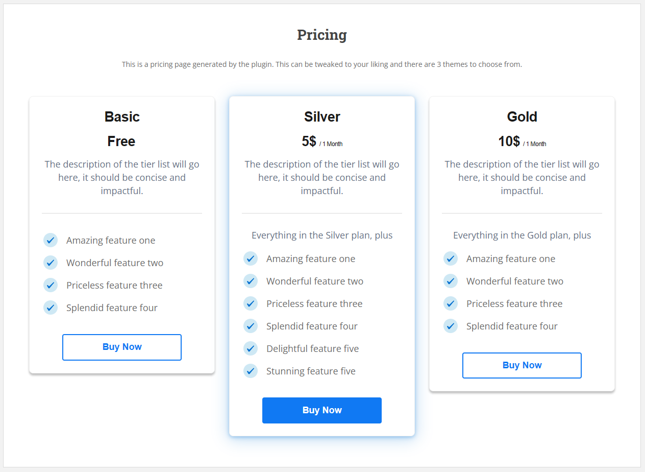 Paid Member Subscriptions - Pricing table