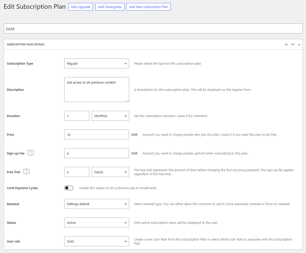 Paid Member Subscriptions - Edit Subscription Plan screen