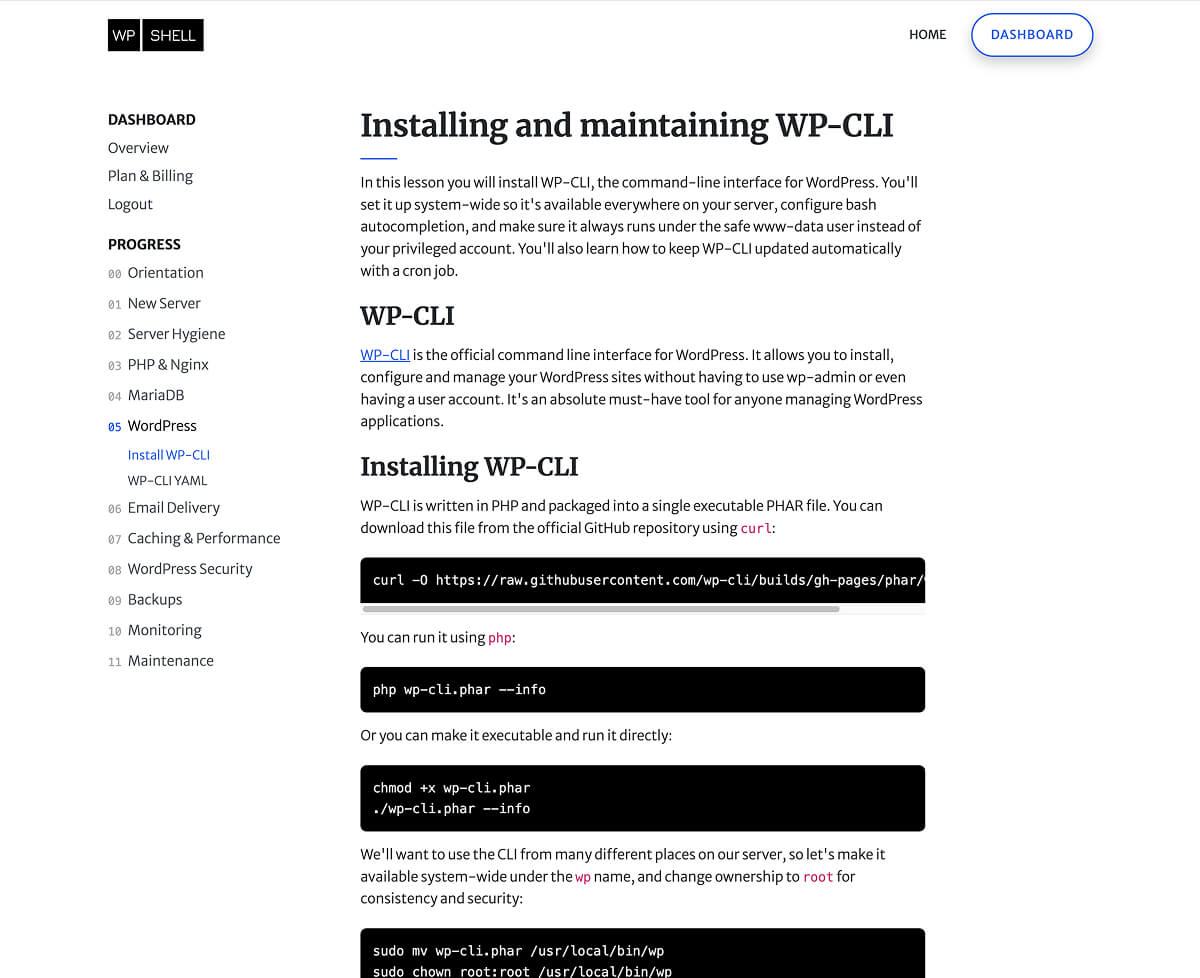 Setting up WP-CLI through the WP Shell course module.
