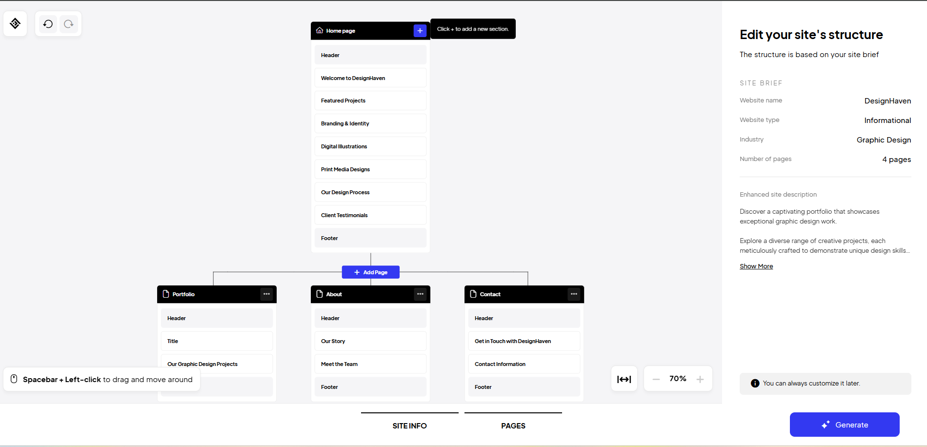 Edit your website's structure in 10Web's Vibe site builder.