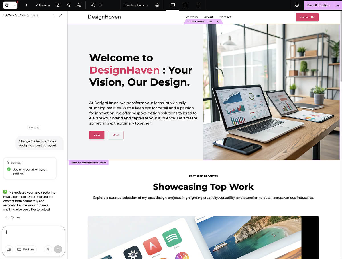 Editing a website in 10Web's AI website builder using just a simple text prompt.