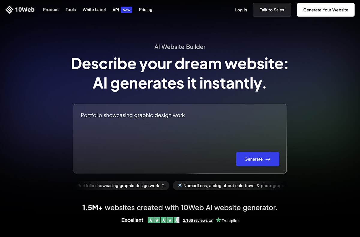The 10web Vibe for WordPress prompt screen.