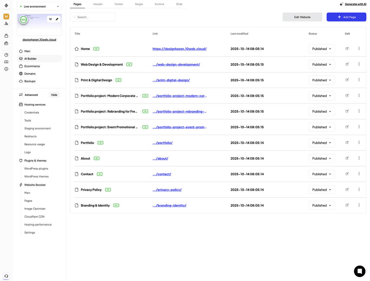 10Web's Vibe offers a fully functional dashboard to monitor and maintain every AI-generated website.