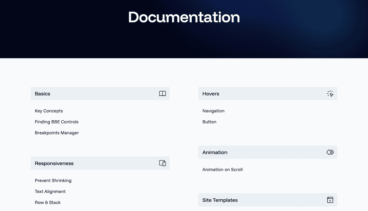 The Better Block Editor documentation homepage showing sections for Basics, Responsiveness, and Templates.
