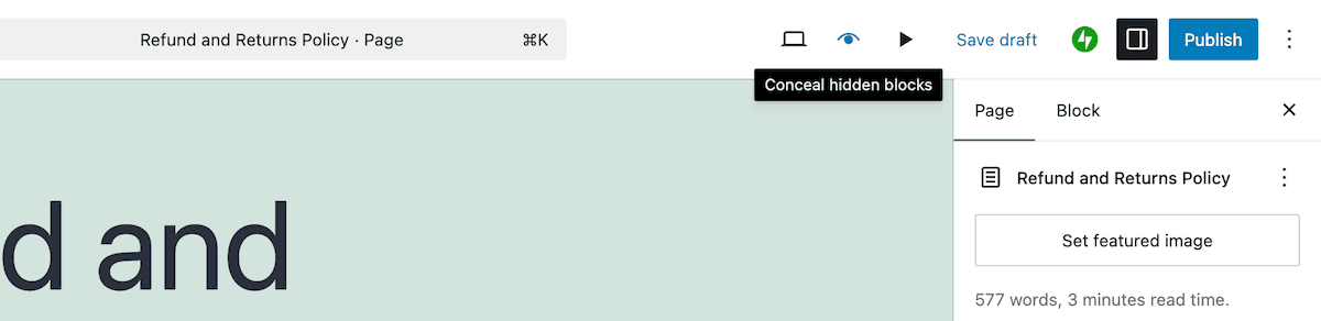 The Better Block Editor toolbar buttons showing Reveal/Conceal Hidden Blocks and Play Animation options.