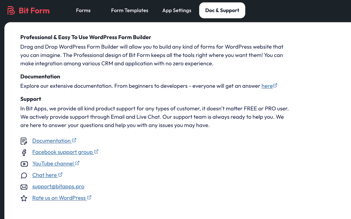The support and documentation options within the Bit Form WordPress interface.