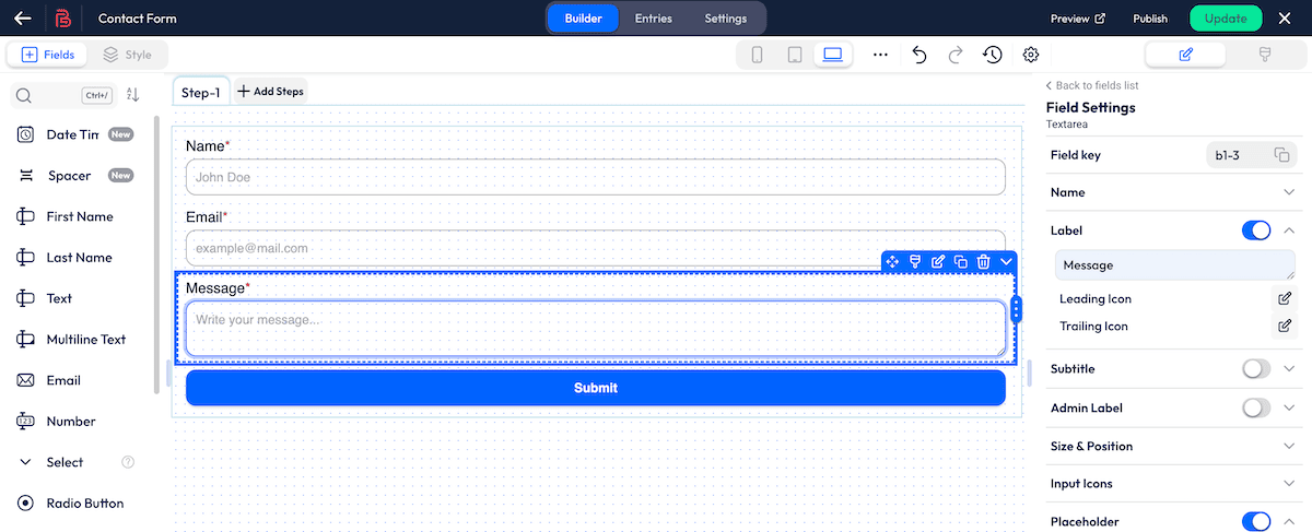The Bit Form canvas sidebars showing different settings and options for a specific field.