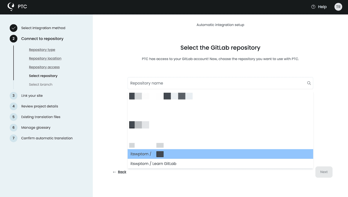 Choosing the right repo and branch within PTC.