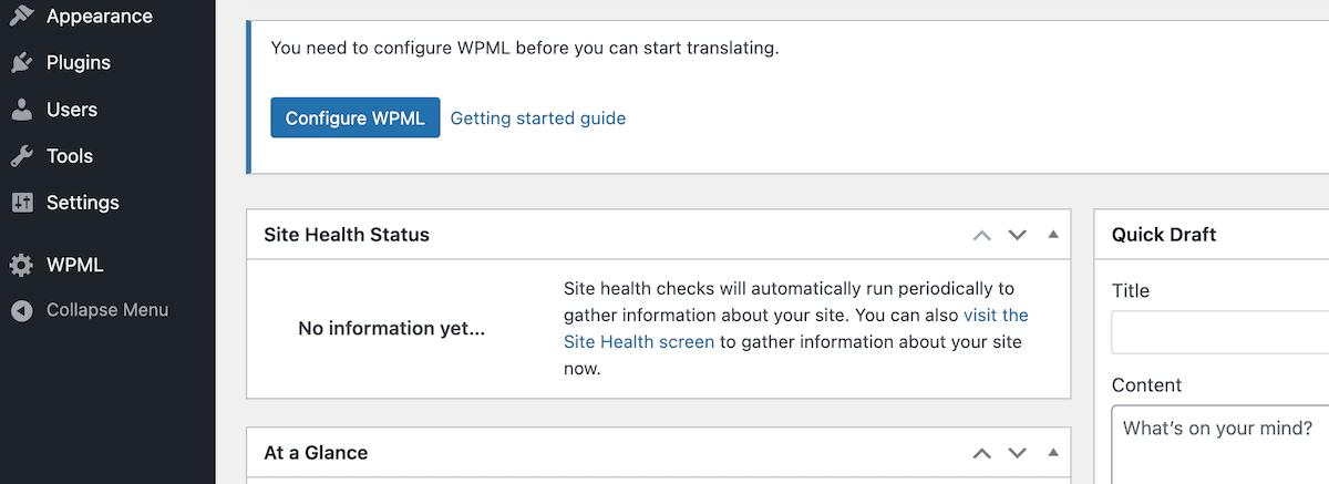 The Configure WPML button within WordPress.