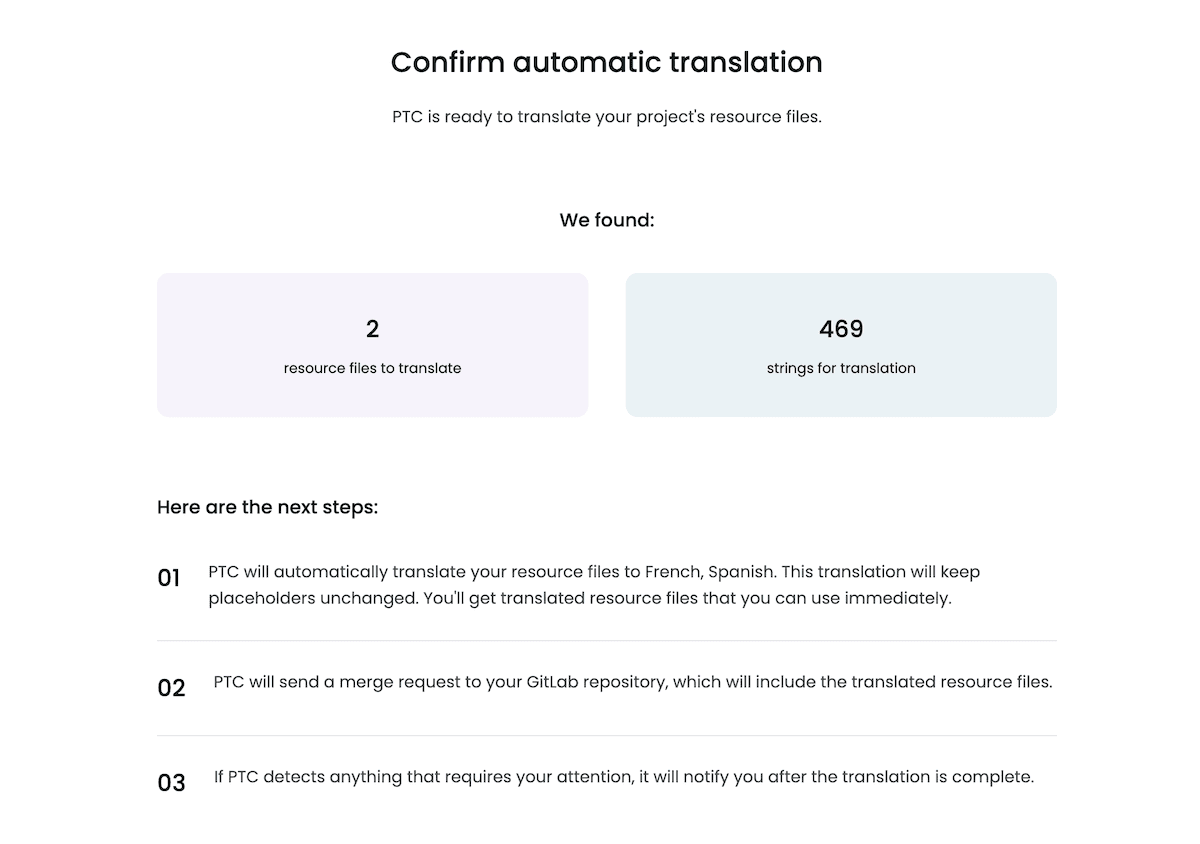 The confirmation screen within the PTC setup wizard.