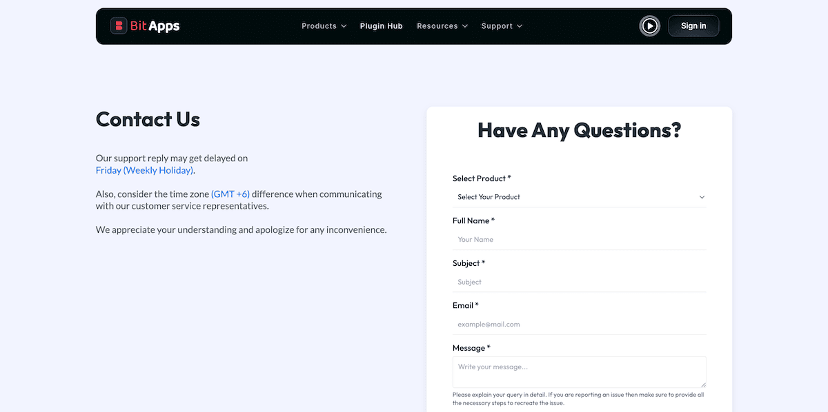 The Bit Apps website contact form.