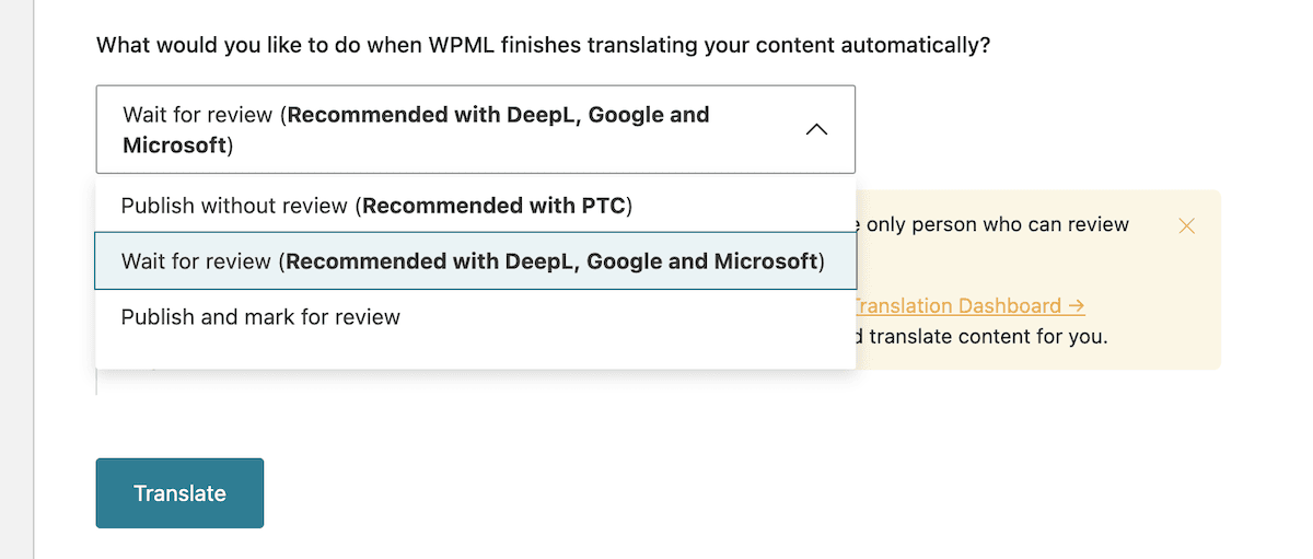 A drop-down menu showing different options to review content within Private Translation Cloud.