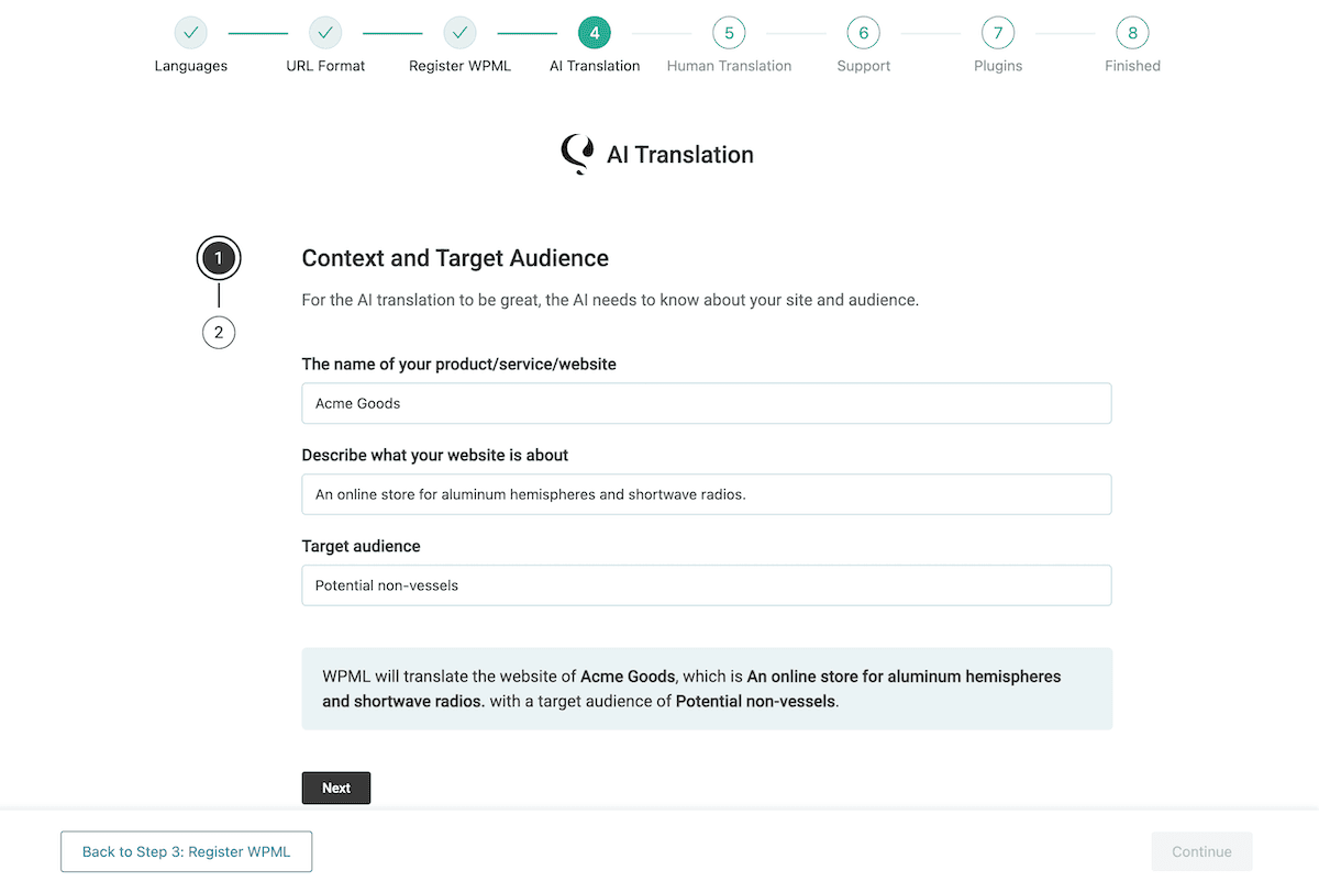The WPML setup wizard showing AI translation options.