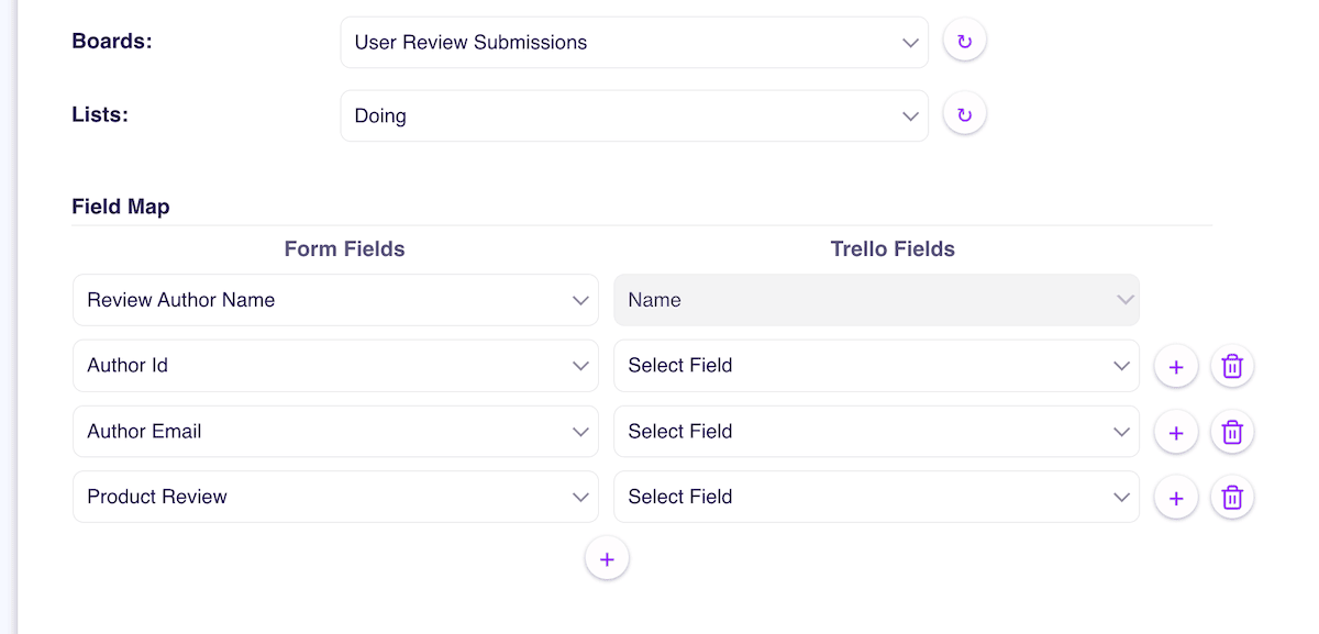 The field mapping interface showing WordPress fields mapped to Trello columns.