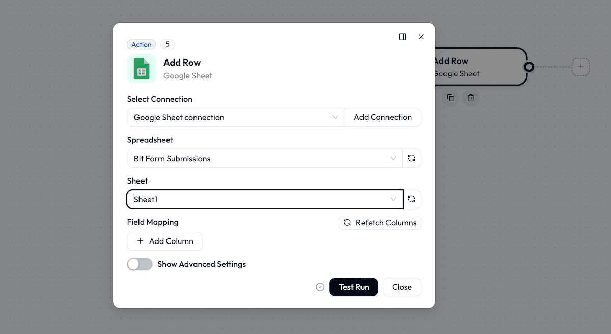 The Google Sheet tool options showing the field mapping interface.