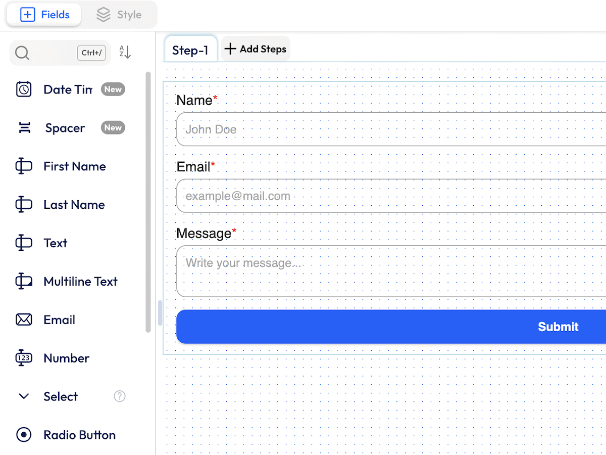 The Bit Form interface showing a list of field types to select from.