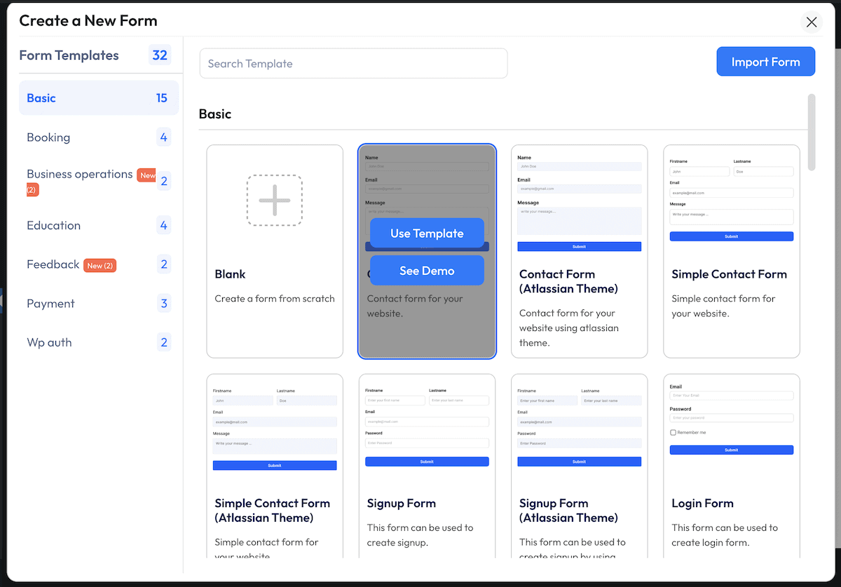 The Form Template dialog screen in Bit Form.