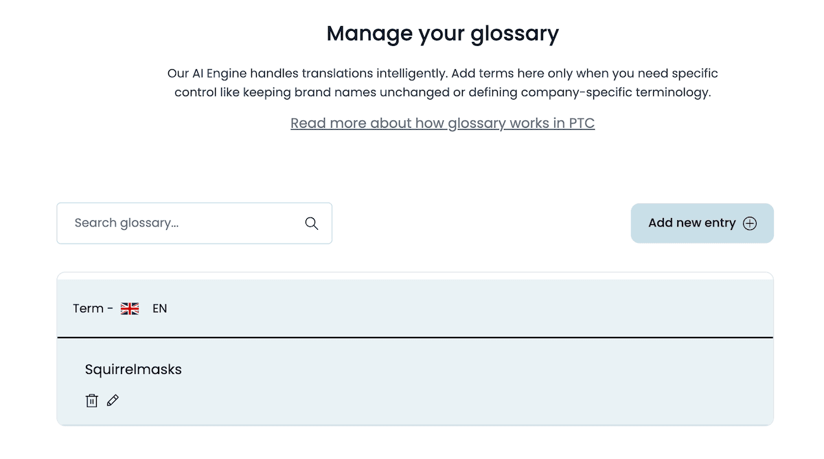 Adding words to the translation glossary in the setup wizard.