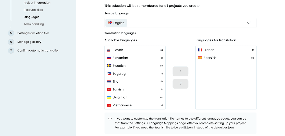 Choosing default and target languages within the PTC setup wizard.