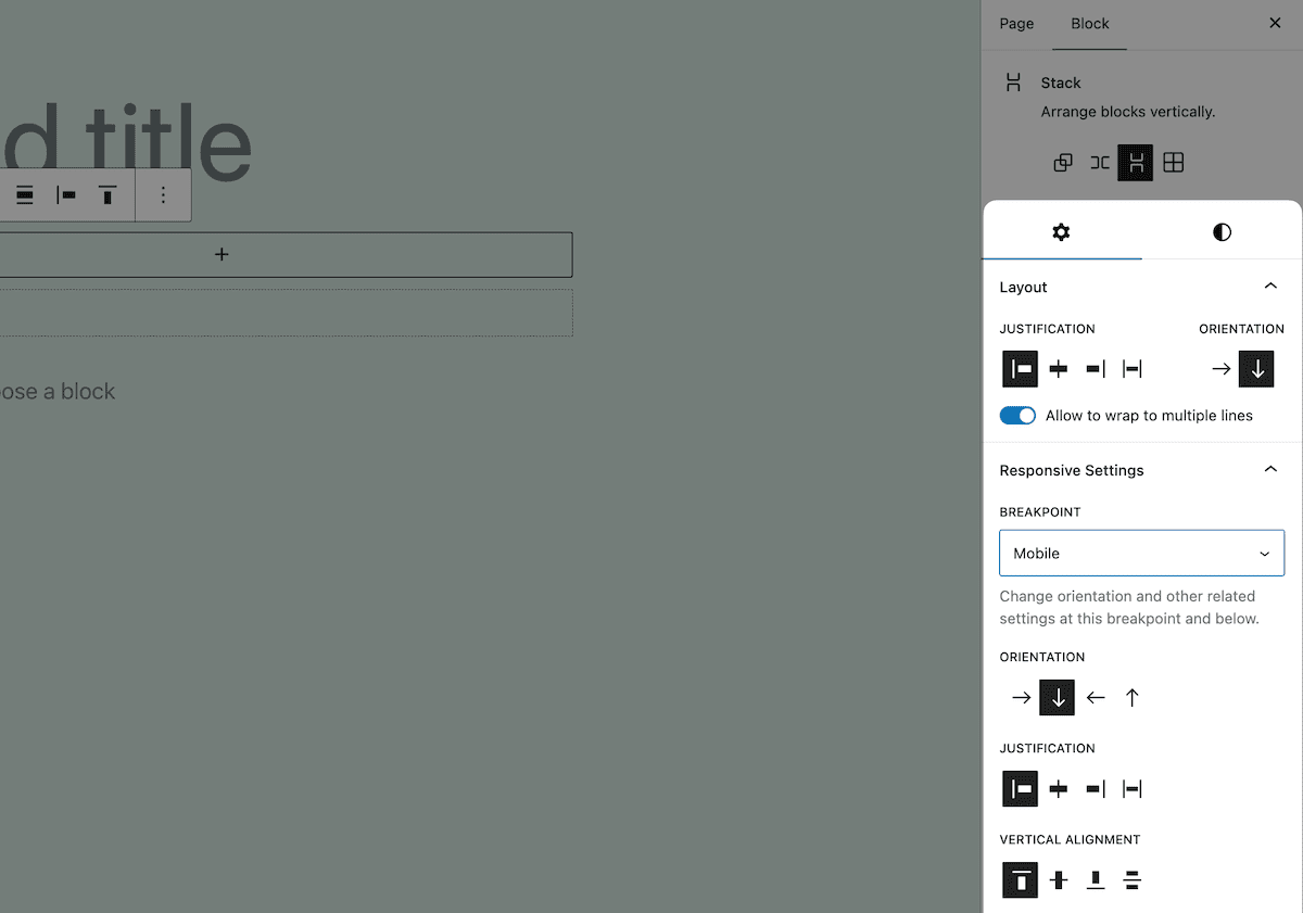 Mobile responsive settings showing Row to Stack orientation change at different breakpoints.