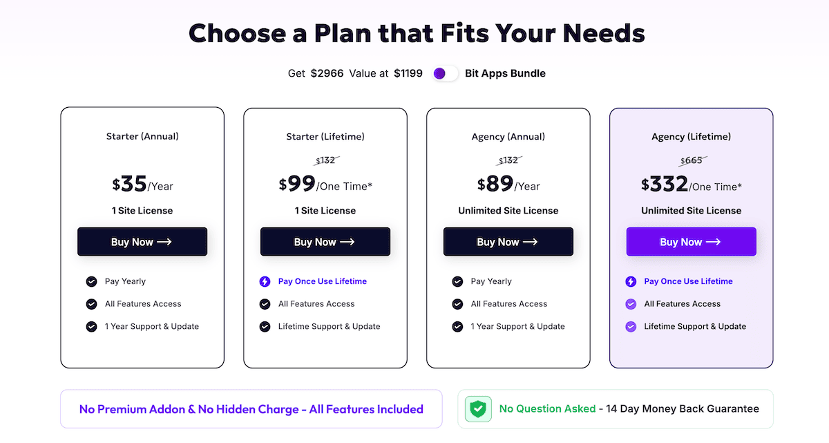 The Bit Integrations pricing page.