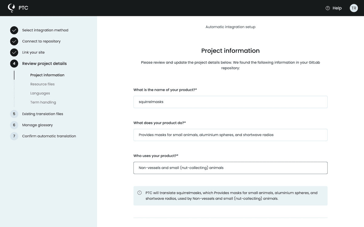 Specifying project information within the Private Translation Cloud setup.