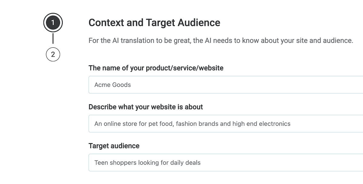 The Private Translation Cloud context setup wizard showing multiple description fields.