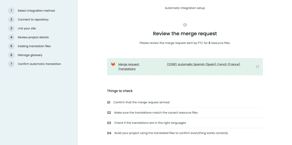 Details on reviewing a merge request from Private Translation Cloud.