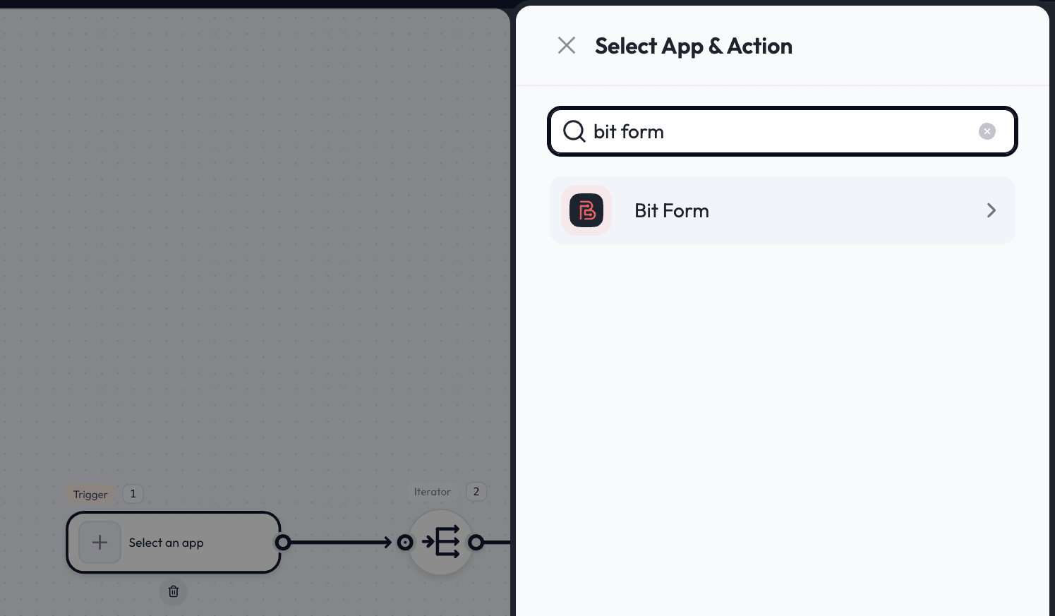 Choosing an app and action within Bit Flows.