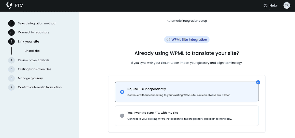 Linking a WPML within the PTC setup screen.