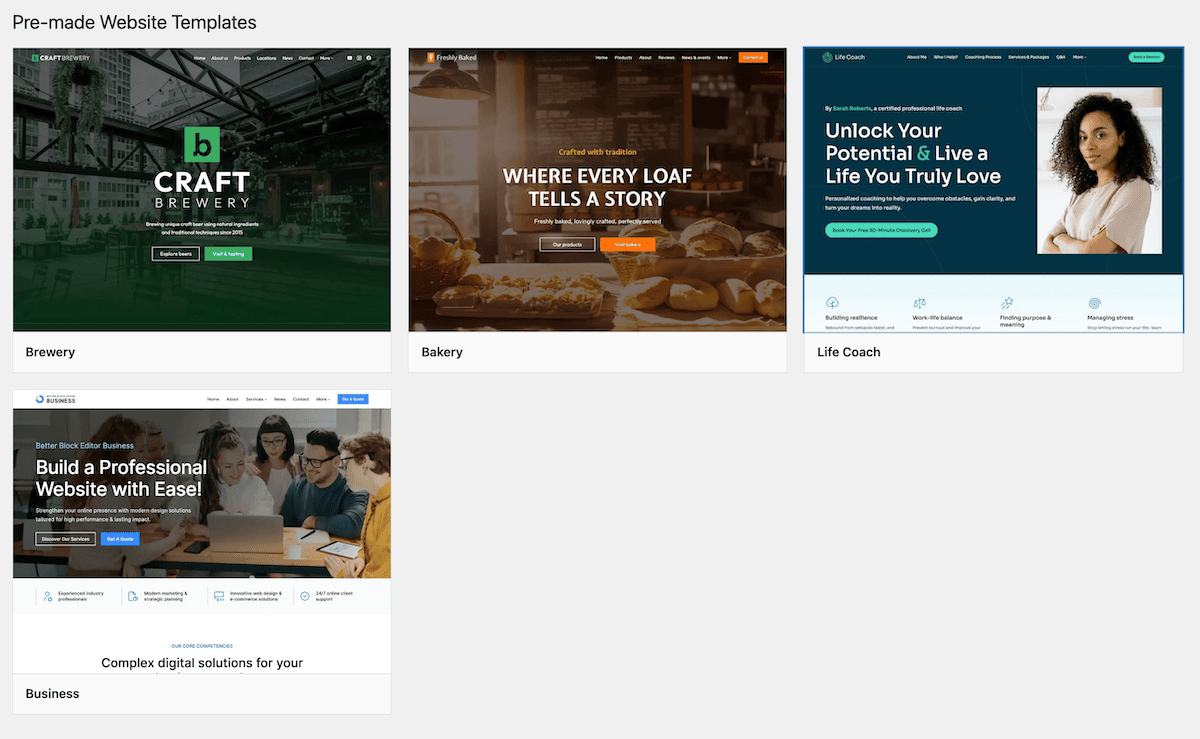 The Site Templates page showing a number of website designs.