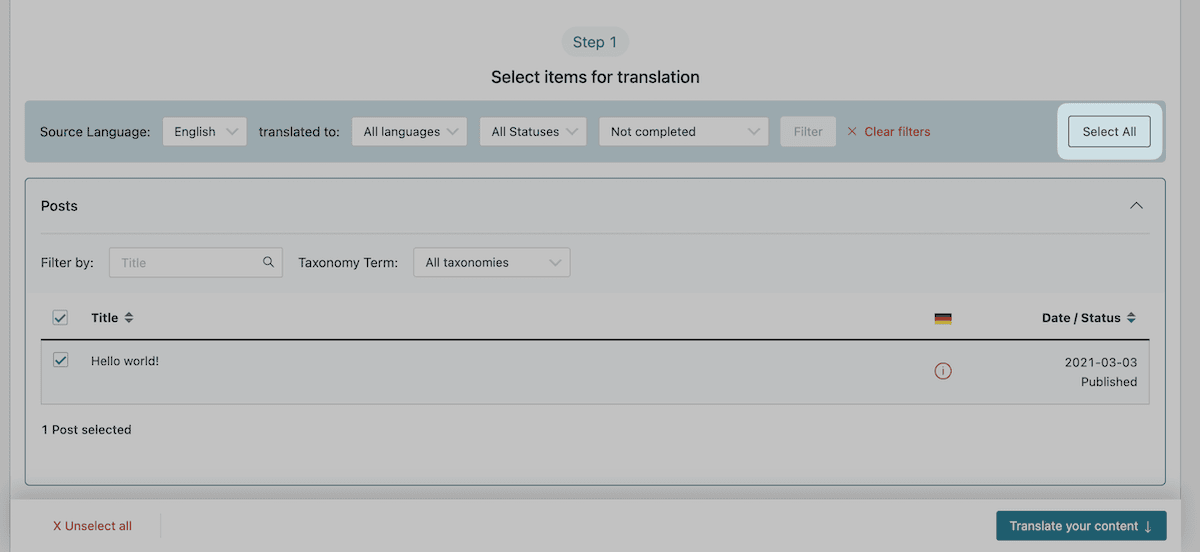 The toolbar for the Step 1 process showing the Select All button.