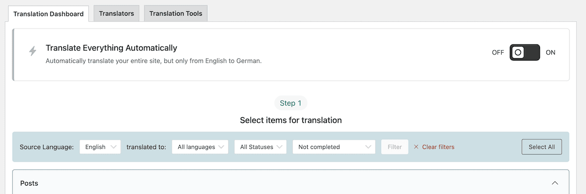 The automatic translation toggle within WPML.