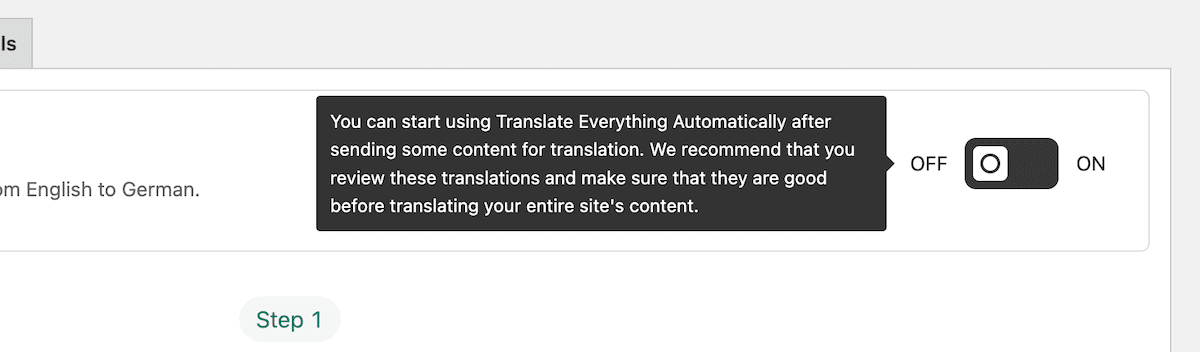 The translation toggle tooltip within WPML.