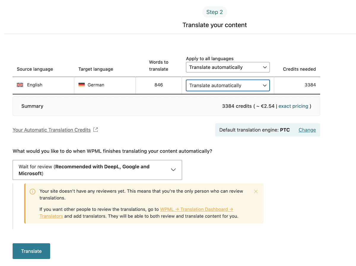 A summary table within WPML showing the estimated costs from Private Translation Cloud.